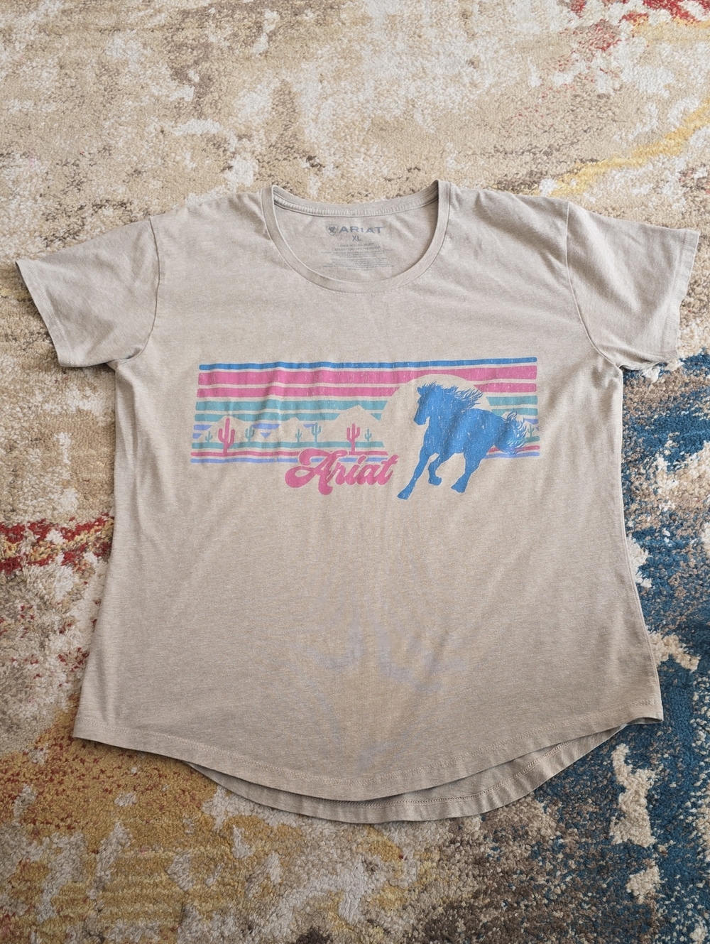 Ariat Beige Tee with Pink & Blue Desert Horse Graphic